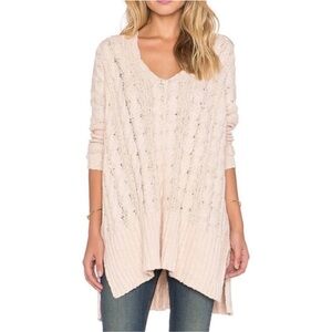 Free People Easy Cable Knit Oversized V Neck Tunic Sweater Light Pink Sz Large